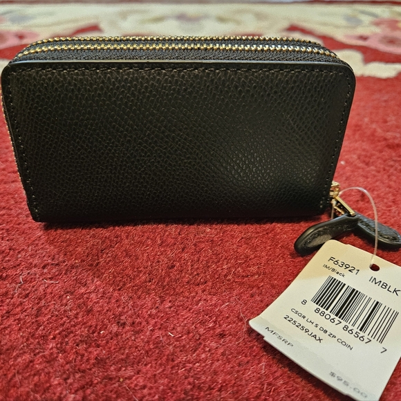 Coach Cross Grain Leather Double Zip Coin Case Black Light Gold Tone Hdwr NWT - Picture 4 of 15